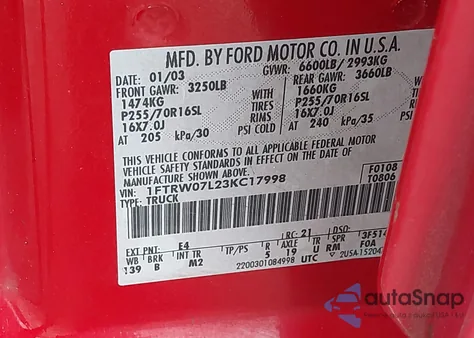 2003 Ford F150 Lariat/Xlt z USA, uszkodzony, nr VIN 1FTRW07L23KC17998